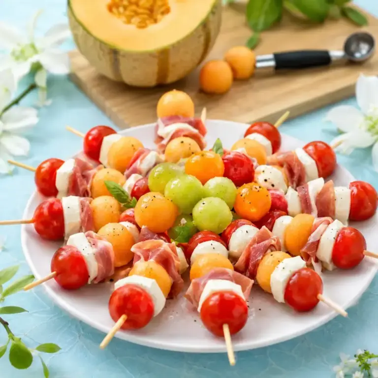 Melonenspieße mit Schinken und Mozzarella: Frischer und eleganter Snack